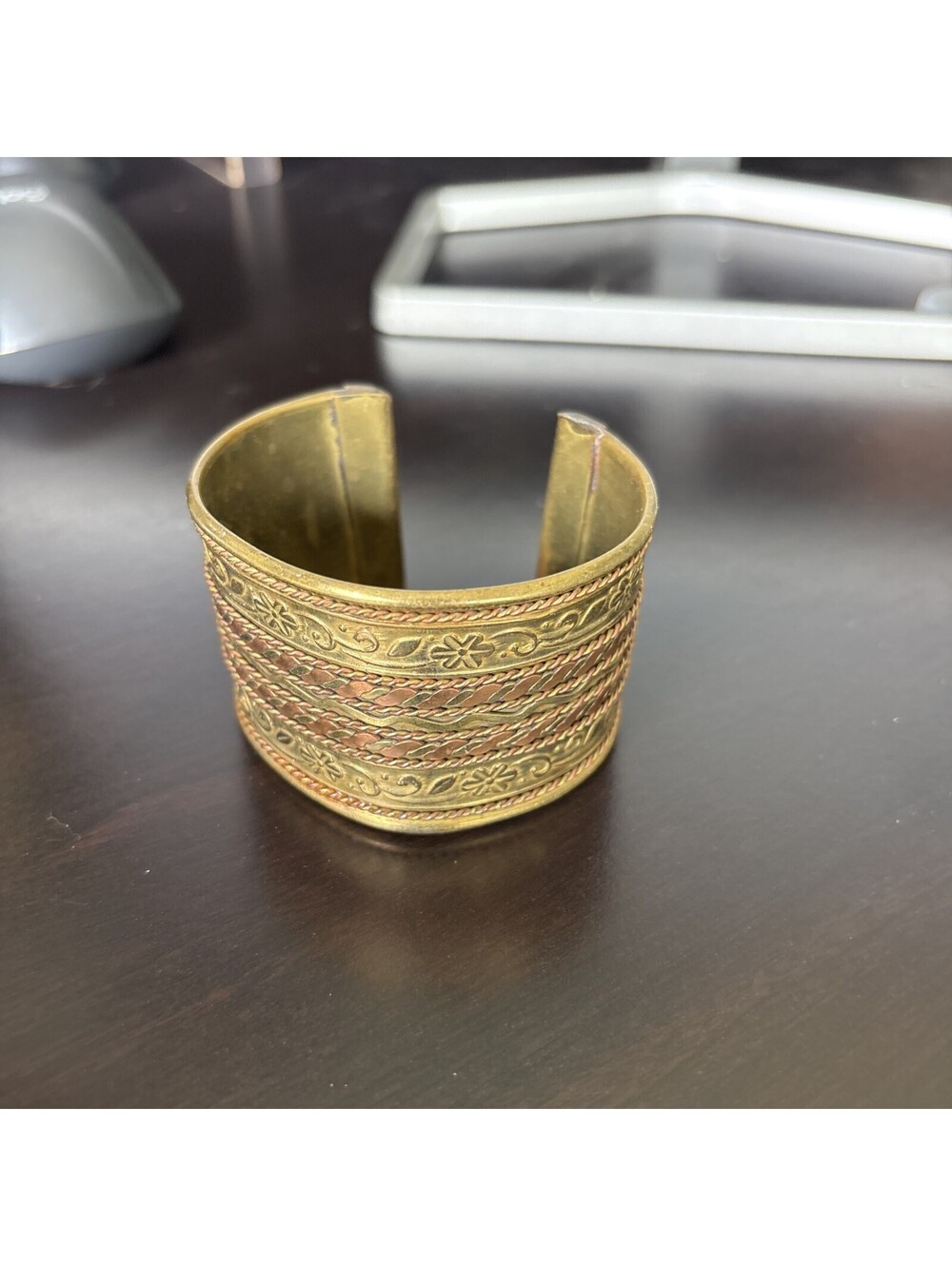 Vintage Hand Crafted Brass Indian Cuff Bracelet Floral Etching Rope Trim